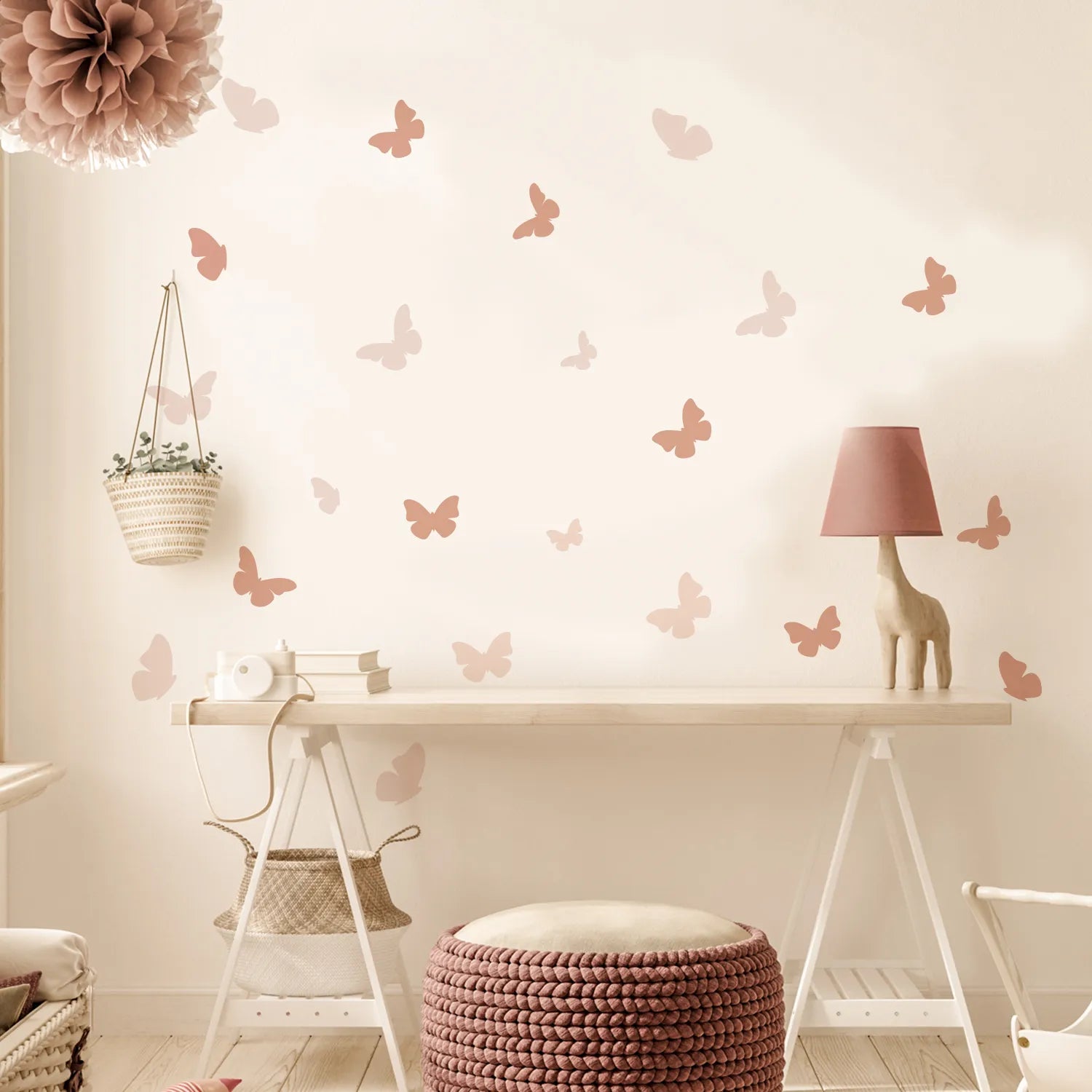 Boho Pink Butterfly Wall Stickers for Baby Girls Boys Room Nursery Nordic Warm Home Decoration Creative Animals Vintage Stickers - Gathering Littles