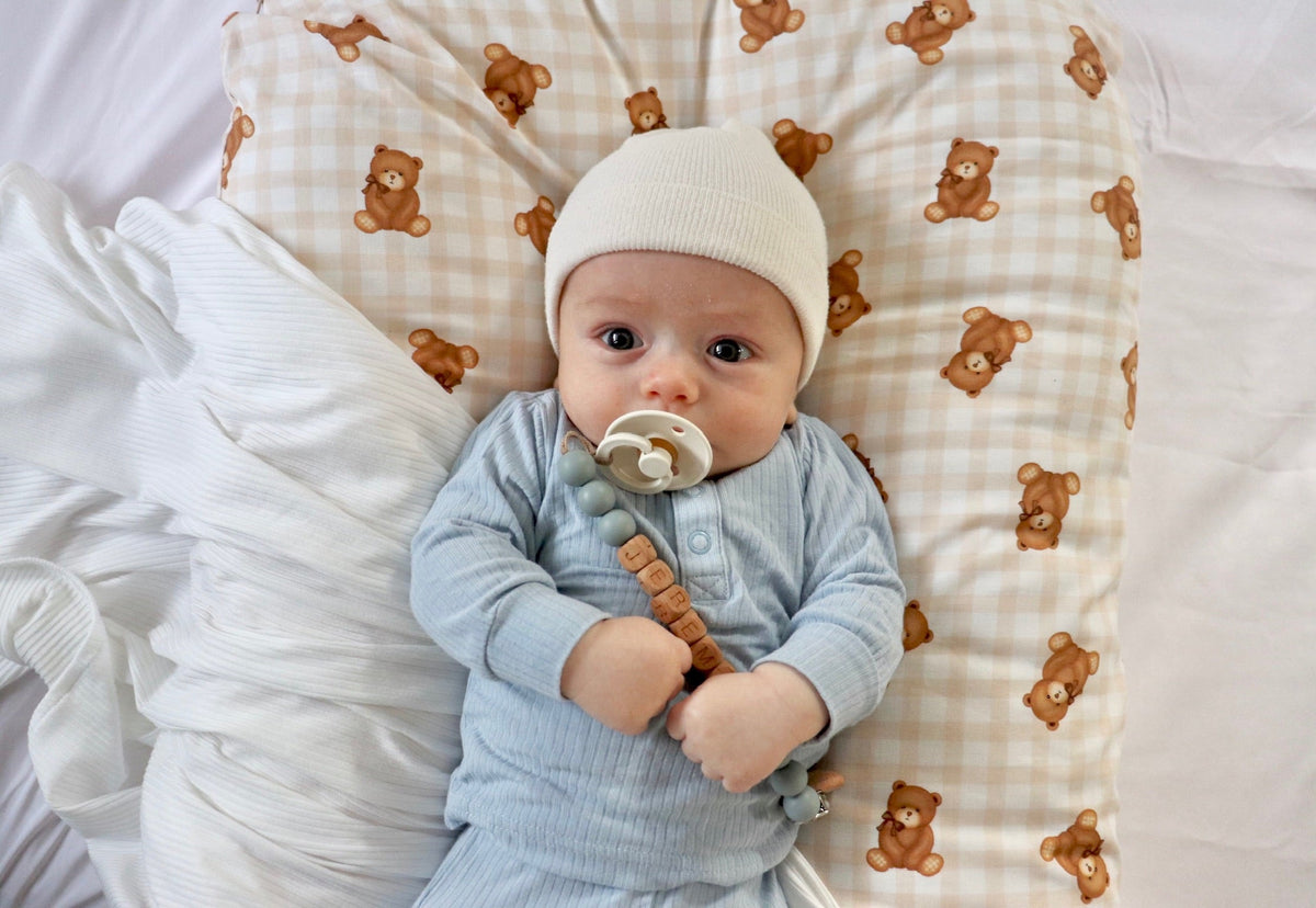 Beige Teddy Bear Gingham Ruffle Baby Lounger Cover