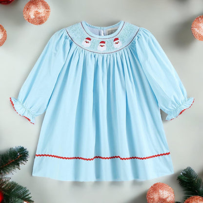 Blue Santa Christmas Smocked Bishop Dress - Gathering Littles