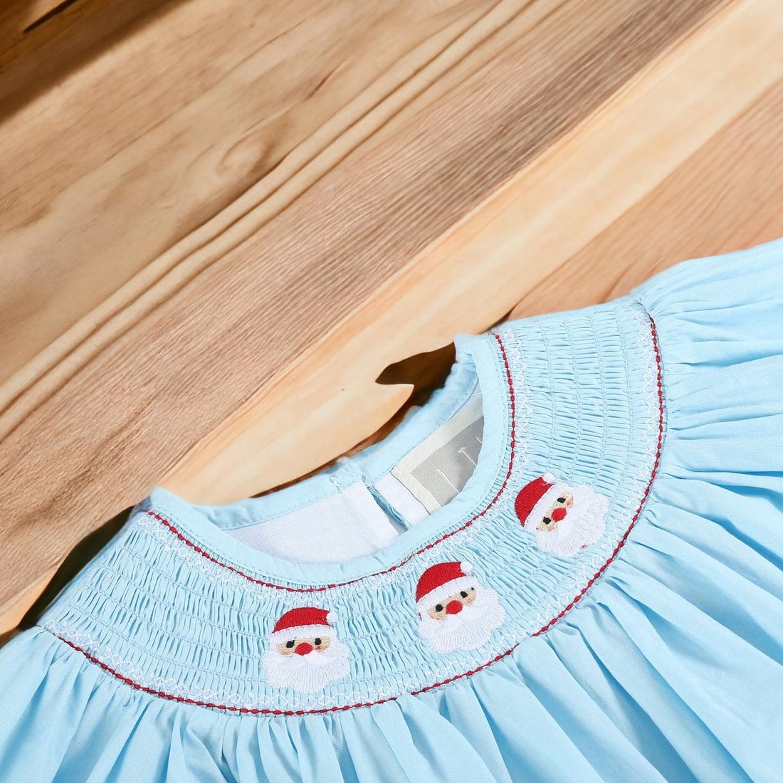 Blue Santa Christmas Smocked Bishop Dress - Gathering Littles