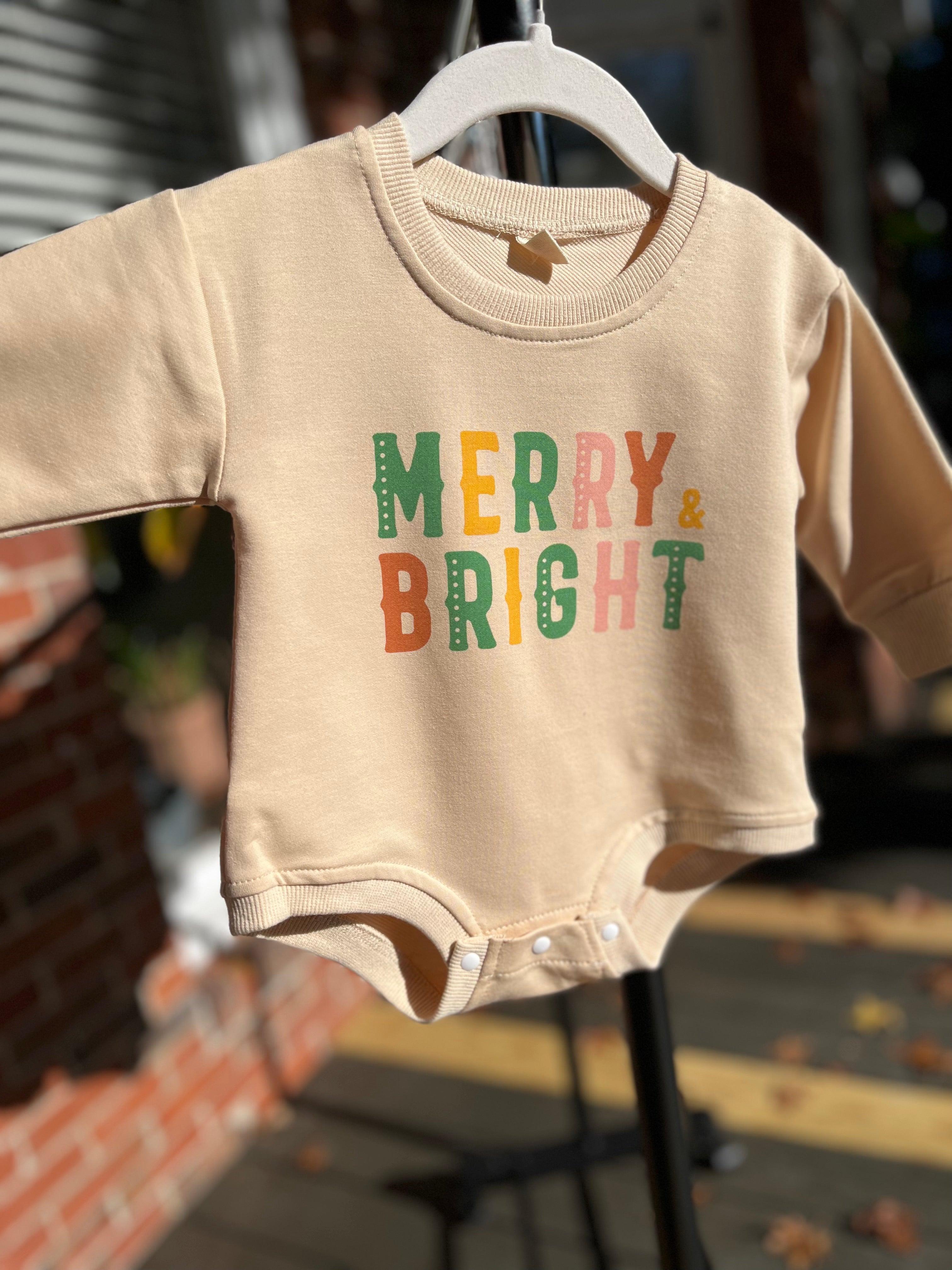 &quot;Merry and Bright&quot; Baby Christmas Onesie Bubble Romper - Gathering Littles