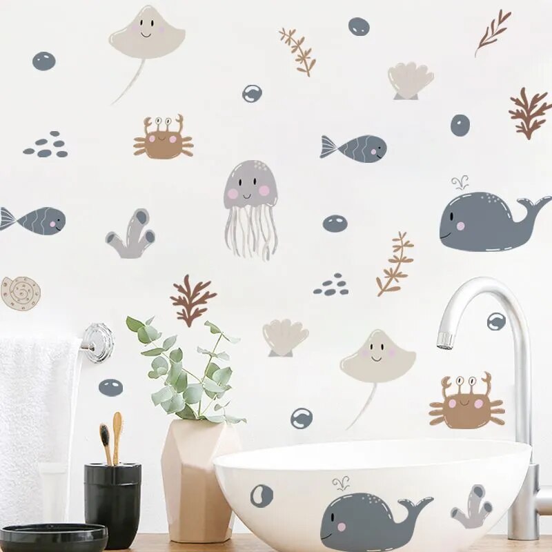 Ocea Animals Cartoon Whale Seaweed Wall Stickers for Kids Room Nursery Kindergarten Wall Decor Removable PVC Wall Decals - Gathering Littles