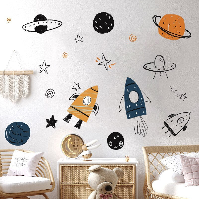 Hand Painted Watercolor Rocket Planet Wall Stickers Home Room Bedroom Decor Interior Stickers For Kids Rooms - Gathering Littles