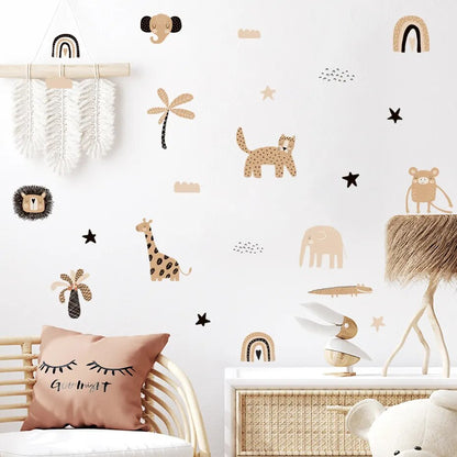 Boho Cartoon Cute Rainbow Safari Animals Star Nursery Wall Decals Art Posters Gifts Kids Room Girls Bedroom Sticker Home Decor - Gathering Littles