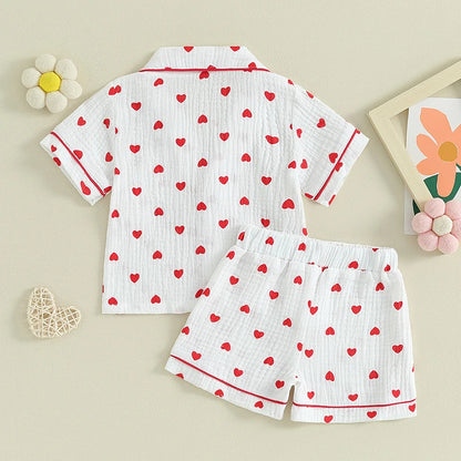 Toddler Baby Girl Silk Satin Pajamas Valentines Day Pjs Heart Print Button Down Shirt Shorts Long Pants Sleepwear - Gathering Littles