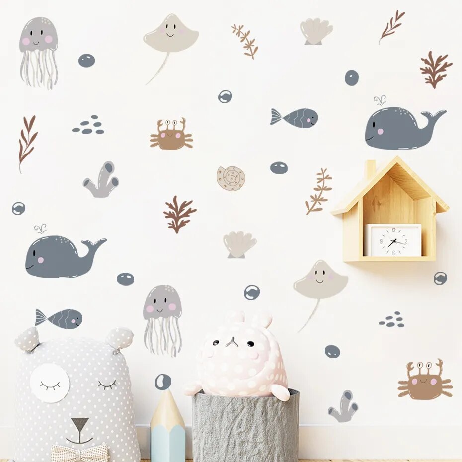 Ocea Animals Cartoon Whale Seaweed Wall Stickers for Kids Room Nursery Kindergarten Wall Decor Removable PVC Wall Decals - Gathering Littles