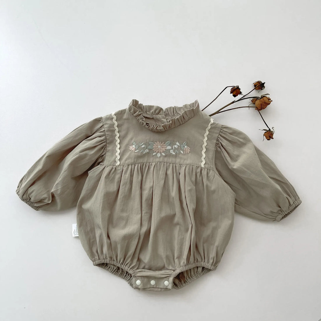 Autumn Outfits Infant Retro Embroidery Flower Ruffle Collar Long Sleeve Bodysuit Boy Girl Baby Cotton Simple Casual Loose Onesie - Gathering Littles