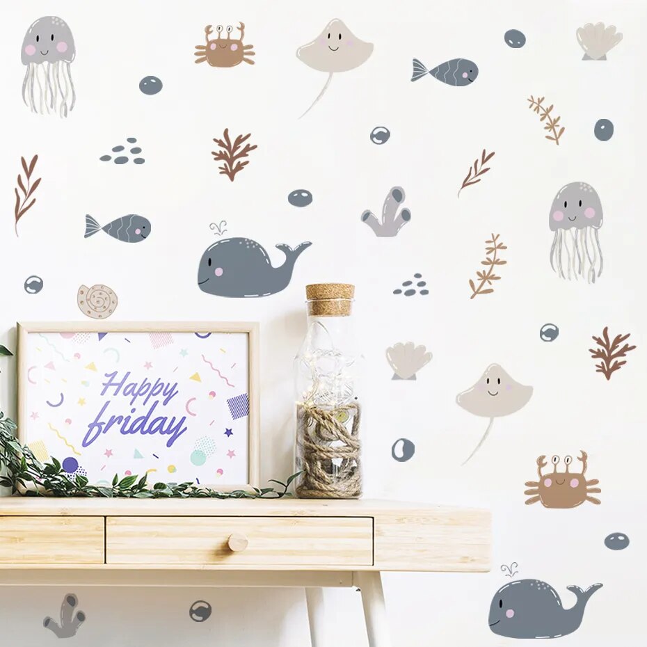 Ocea Animals Cartoon Whale Seaweed Wall Stickers for Kids Room Nursery Kindergarten Wall Decor Removable PVC Wall Decals - Gathering Littles