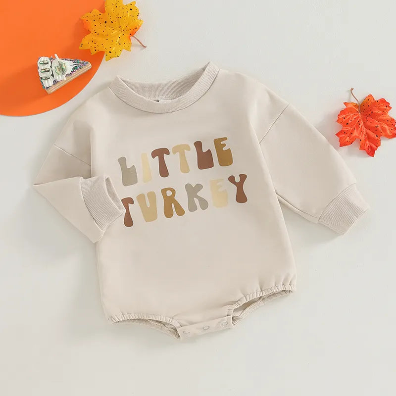 Newborn Baby Thanksgiving Sweatshirt Romper, Little Turkey Baby Onesie - Gathering Littles