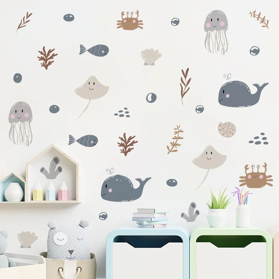 Ocea Animals Cartoon Whale Seaweed Wall Stickers for Kids Room Nursery Kindergarten Wall Decor Removable PVC Wall Decals - Gathering Littles