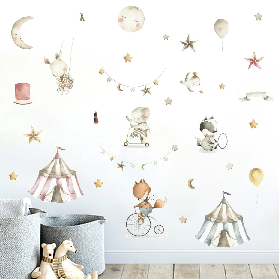 Cartoon Cute Circus Animals Star Moon Watercolor Vinyl Wall Sticker Removable Decals Kids Nursery Baby Girls Room Home Decor - Gathering Littles