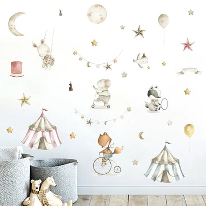 Cartoon Cute Circus Animals Star Moon Watercolor Vinyl Wall Sticker Removable Decals Kids Nursery Baby Girls Room Home Decor - Gathering Littles