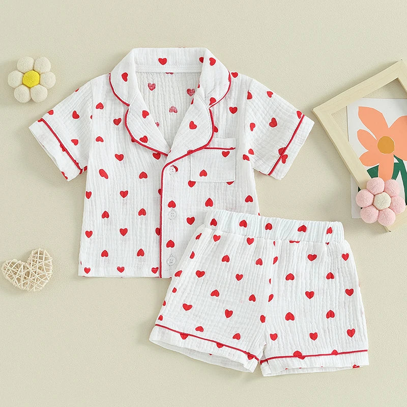 Toddler Baby Girl Silk Satin Pajamas Valentines Day Pjs Heart Print Button Down Shirt Shorts Long Pants Sleepwear - Gathering Littles