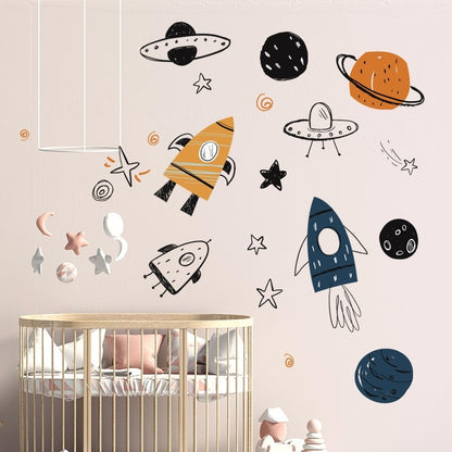 Hand Painted Watercolor Rocket Planet Wall Stickers Home Room Bedroom Decor Interior Stickers For Kids Rooms - Gathering Littles