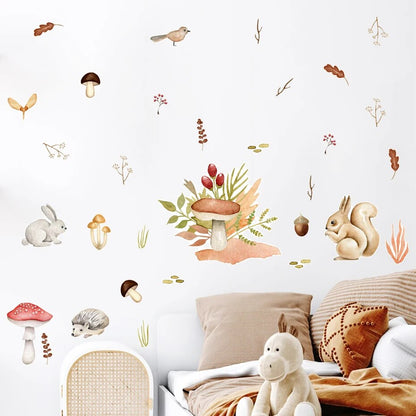 Boho Watercolor Woodland Mushrooms Leaves Branches Vinyl Wall Sticker Removable Decals Kids Nursery Baby Bedroom Home Decoration - Gathering Littles