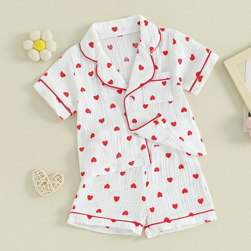 Toddler Baby Girl Silk Satin Pajamas Valentines Day Pjs Heart Print Button Down Shirt Shorts Long Pants Sleepwear - Gathering Littles