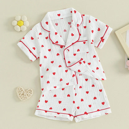 Toddler Baby Girl Silk Satin Pajamas Valentines Day Pjs Heart Print Button Down Shirt Shorts Long Pants Sleepwear - Gathering Littles