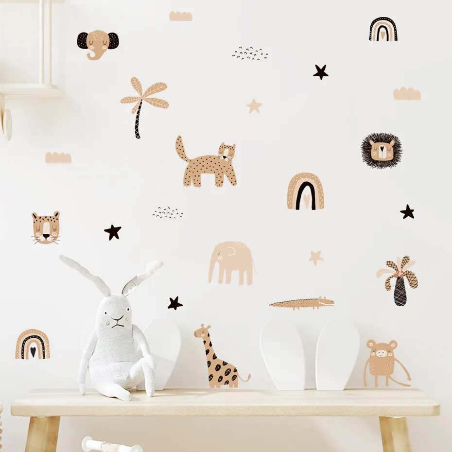 Boho Cartoon Cute Rainbow Safari Animals Star Nursery Wall Decals Art Posters Gifts Kids Room Girls Bedroom Sticker Home Decor - Gathering Littles