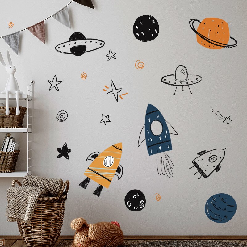 Hand Painted Watercolor Rocket Planet Wall Stickers Home Room Bedroom Decor Interior Stickers For Kids Rooms - Gathering Littles