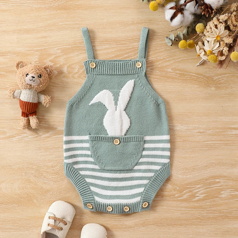 2023-11-03 Lioraitiin 0-18M Baby Boy Girls Bunny Easter Knit Rompers Sleeveless First Easter Strap Rompers Baby Clothes - Gathering Littles