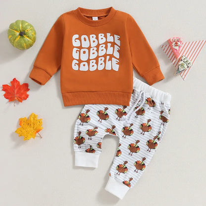 EWODOS Toddler Baby Boys Girls Fall Outfits Letter Print Long Sleeve Sweatshirts Turkey Print Long Pants 2Pcs Thanksgiving Set - Gathering Littles