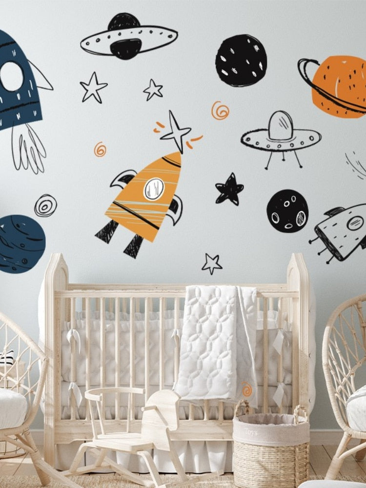 Hand Painted Watercolor Rocket Planet Wall Stickers Home Room Bedroom Decor Interior Stickers For Kids Rooms - Gathering Littles