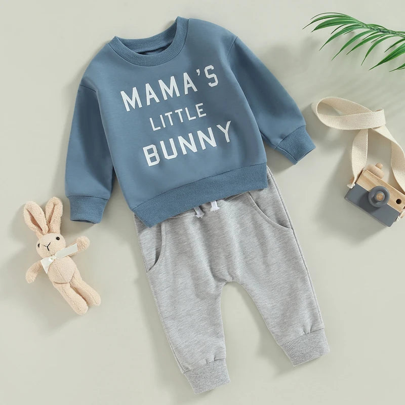 2023-02-17 Lioraitiin 0-3Years Baby Boys 2Pcs Easter Outfits Letter Print Long Sleeve Sweatshirt Elastic Pants Suit - Gathering Littles