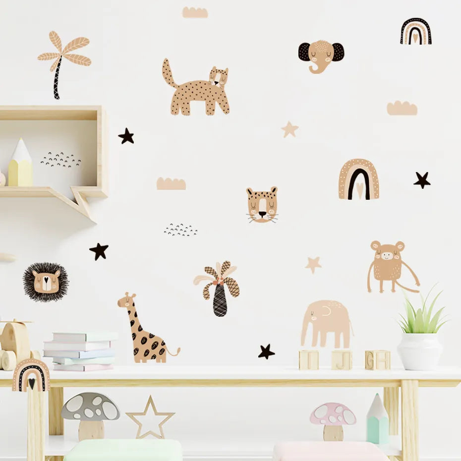 Boho Cartoon Cute Rainbow Safari Animals Star Nursery Wall Decals Art Posters Gifts Kids Room Girls Bedroom Sticker Home Decor - Gathering Littles