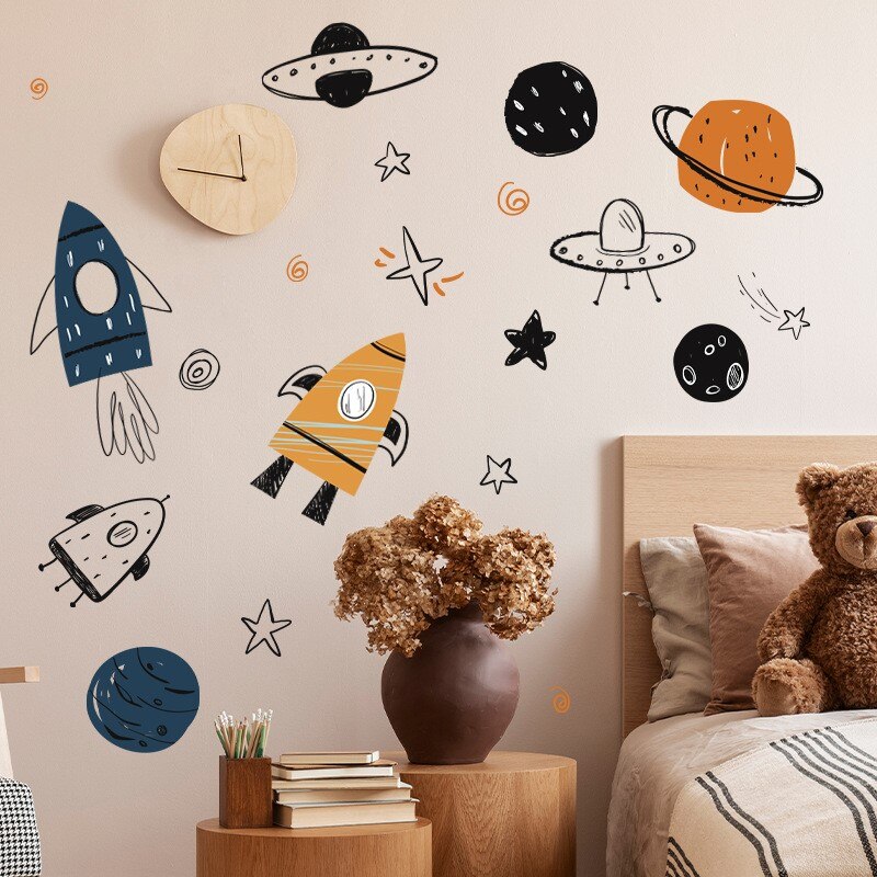 Hand Painted Watercolor Rocket Planet Wall Stickers Home Room Bedroom Decor Interior Stickers For Kids Rooms - Gathering Littles