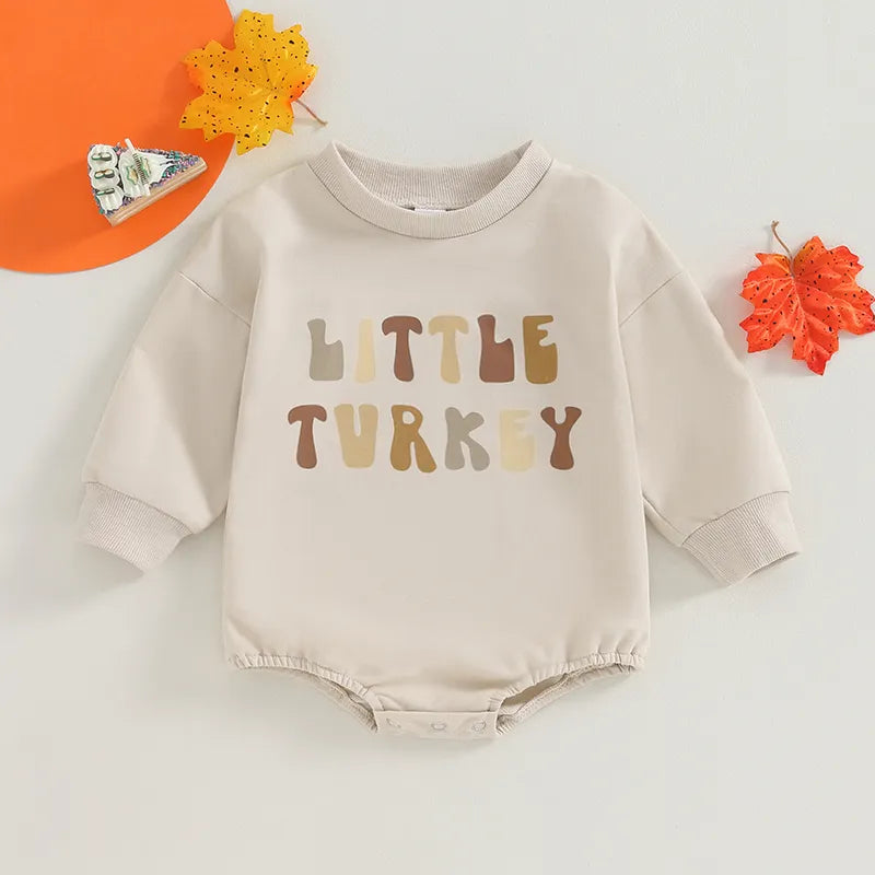 Newborn Baby Thanksgiving Sweatshirt Romper, Little Turkey Baby Onesie - Gathering Littles