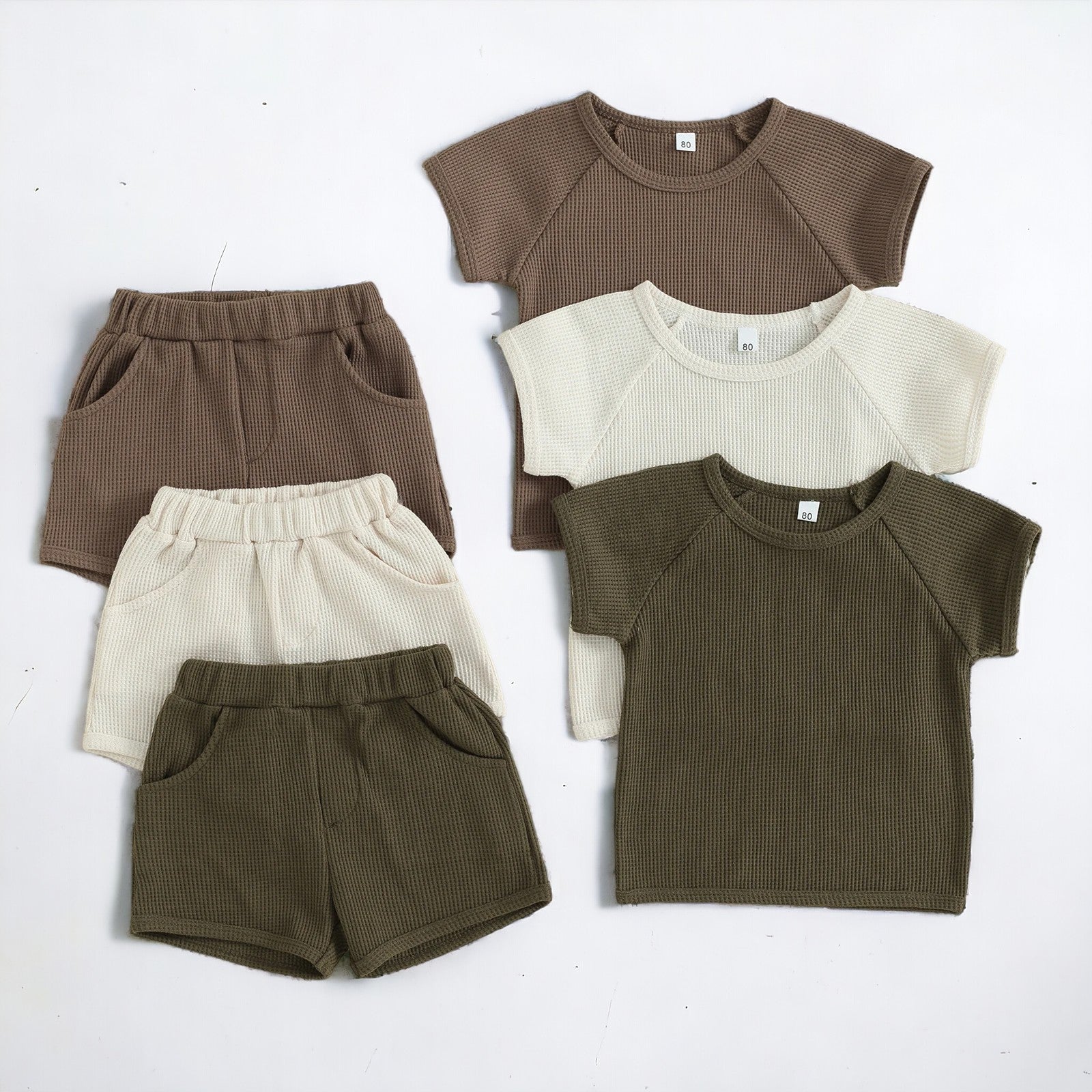 2pcs Baby Boy/Girl Solid Textured Short-sleeve Top and Shorts Set