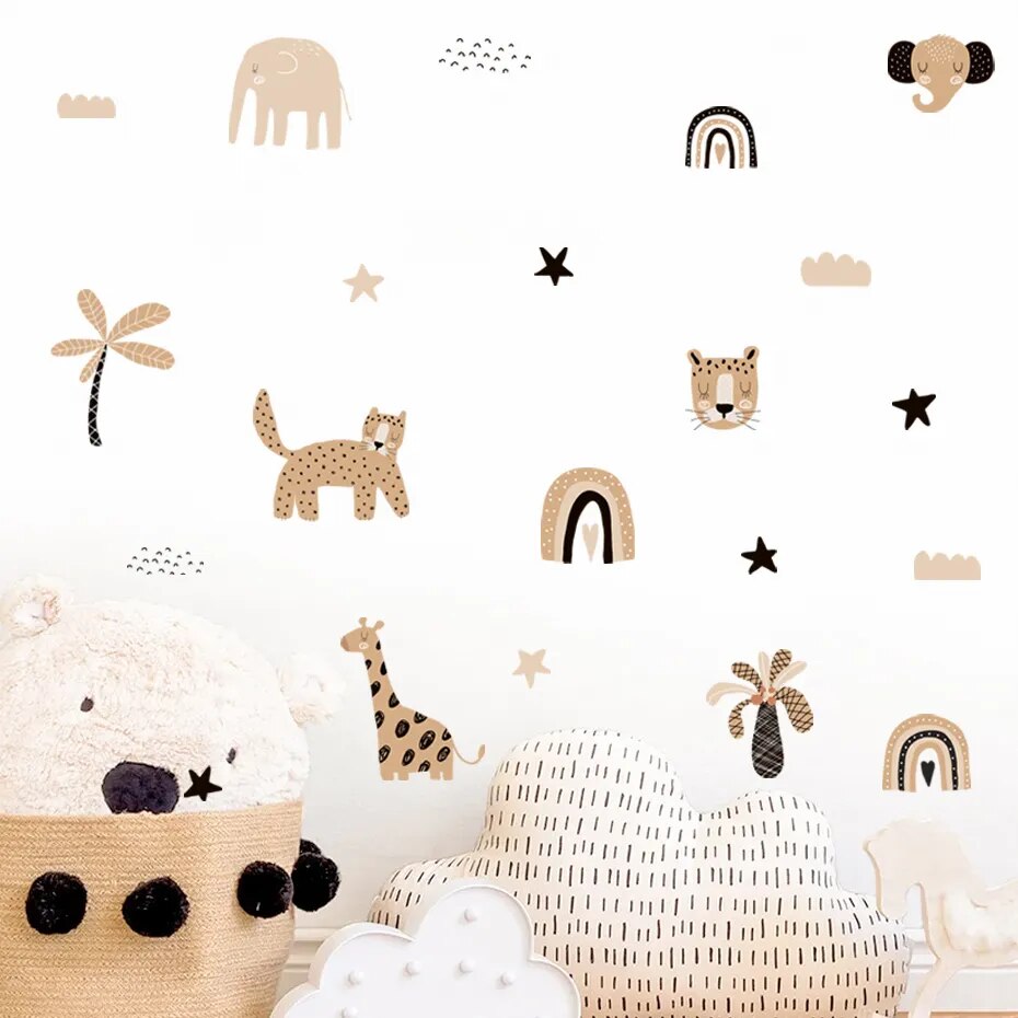 Boho Cartoon Cute Rainbow Safari Animals Star Nursery Wall Decals Art Posters Gifts Kids Room Girls Bedroom Sticker Home Decor - Gathering Littles