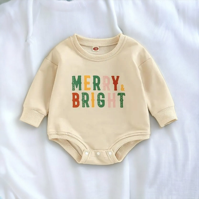 &quot;Merry and Bright&quot; Baby Christmas Onesie Bubble Romper - Gathering Littles