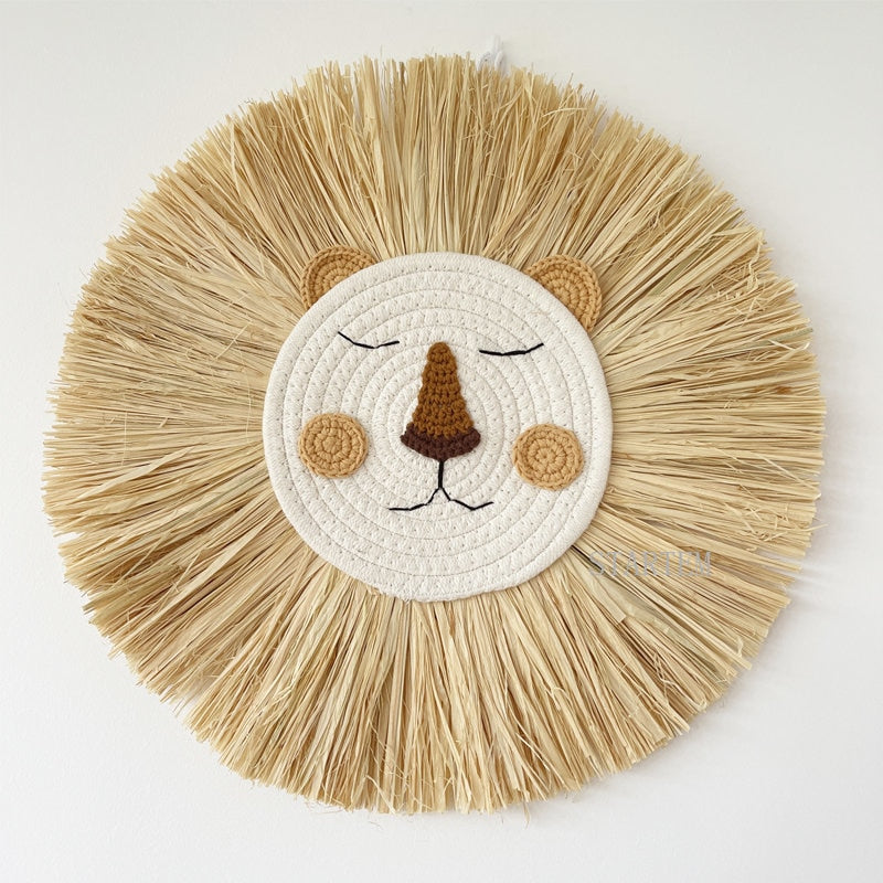 INS Nordic Handmade Lion Wall Decor Cotton Thread Straw Woven Animal Head Wall Hanging Ornament for Nursery Baby Room Decoration - Gathering Littles