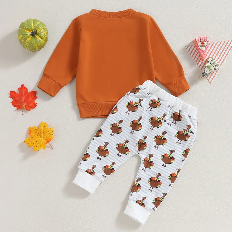 EWODOS Toddler Baby Boys Girls Fall Outfits Letter Print Long Sleeve Sweatshirts Turkey Print Long Pants 2Pcs Thanksgiving Set - Gathering Littles