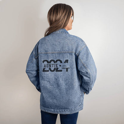 Custom Auntie Jacket, Personalized Aunt Jacket, Baby Reveal Denim Jacket, Oversized Custom Pregnancy Reveal Jacket - Gathering Littles