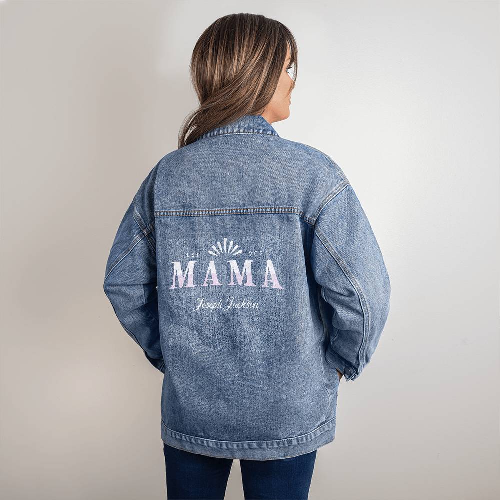 Custom Mama Denim Jacket, Personalized Mama Jacket, Mothers Day Denim Jacket, Oversized Custom Mama Monogram Jacket - Gathering Littles