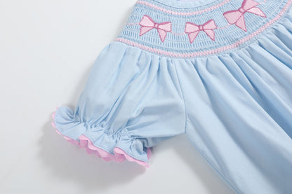 Blue and Pink Bow Smocked Romper