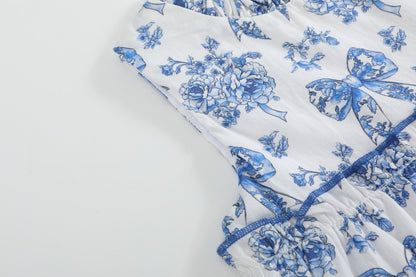Blue and White Print Layered Ruffle Dress