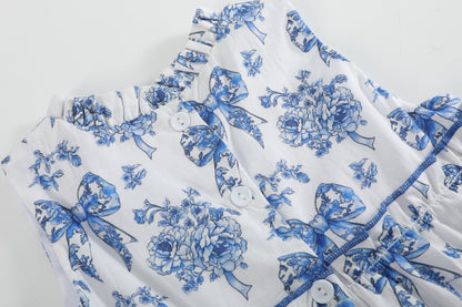 Blue and White Print Layered Ruffle Dress