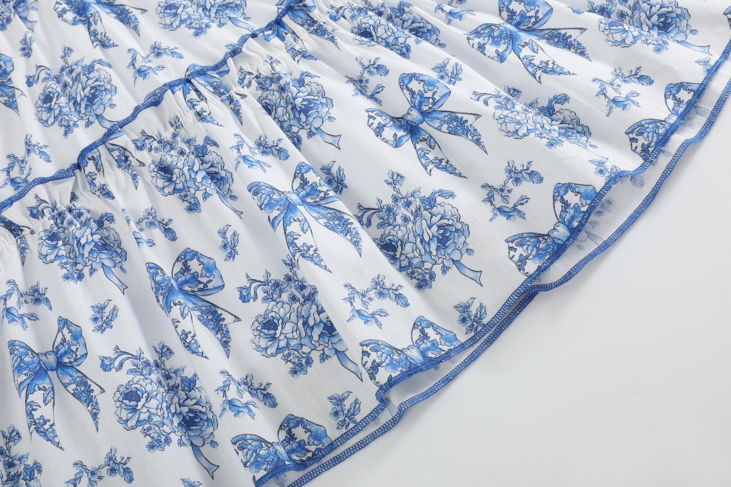 Blue and White Print Layered Ruffle Dress