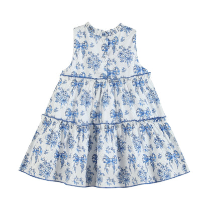 Blue and White Print Layered Ruffle Dress