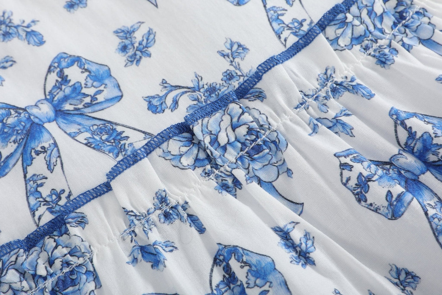 Blue and White Print Layered Ruffle Dress