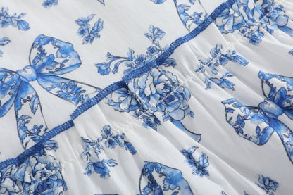 Blue and White Print Layered Ruffle Dress