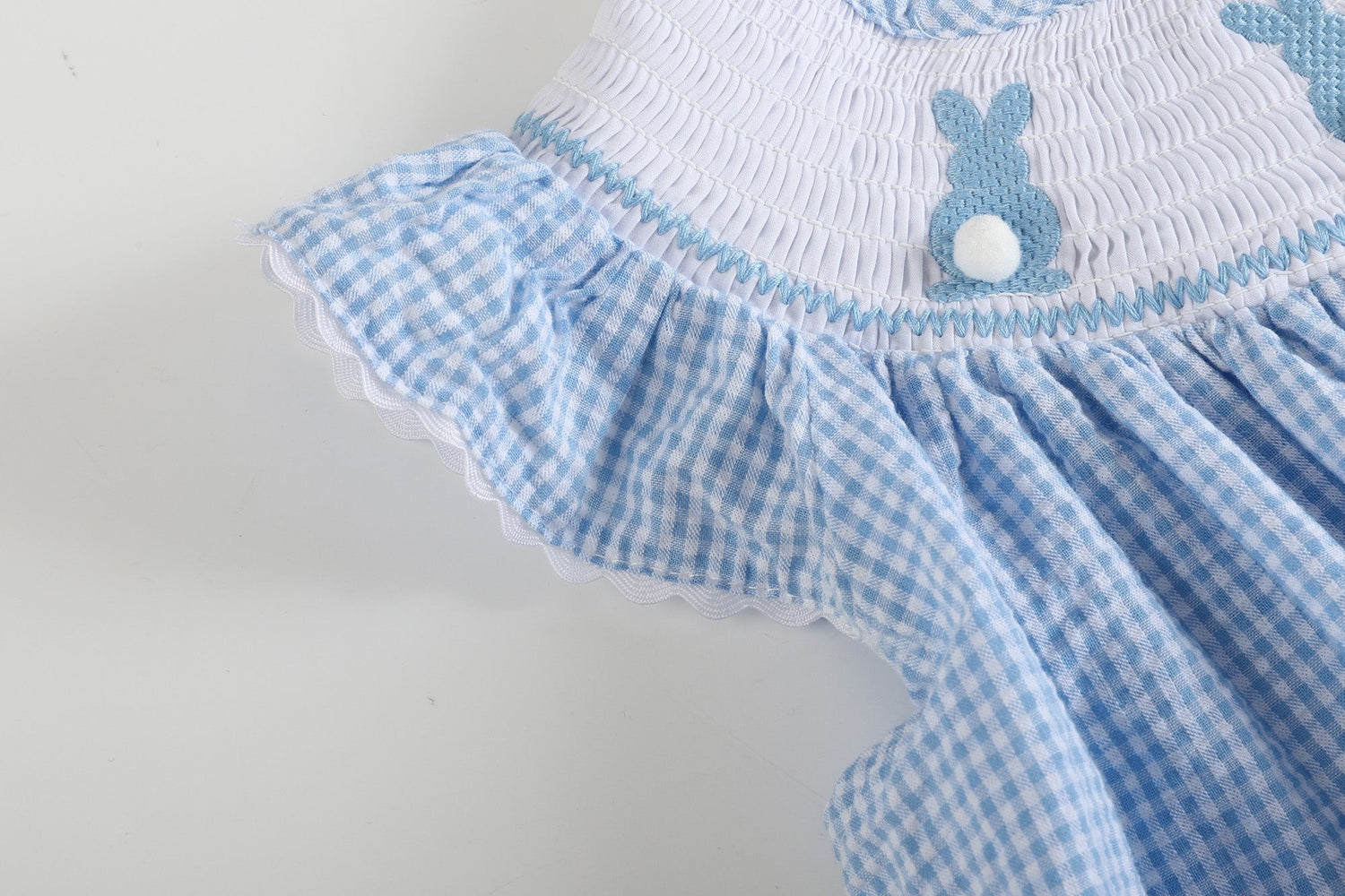 Blue Gingham Bunny Smocked Bishop Dress