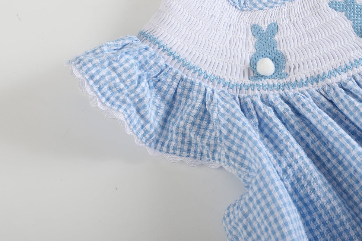 Blue Gingham Bunny Smocked Bishop Dress