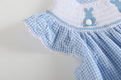 Blue Gingham Bunny Smocked Bishop Dress