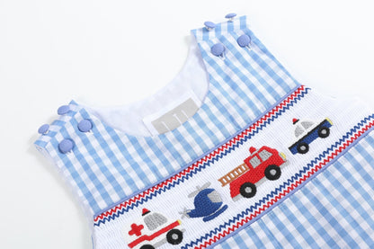 Blue Gingham Emergency Vehicles Smocked Overalls