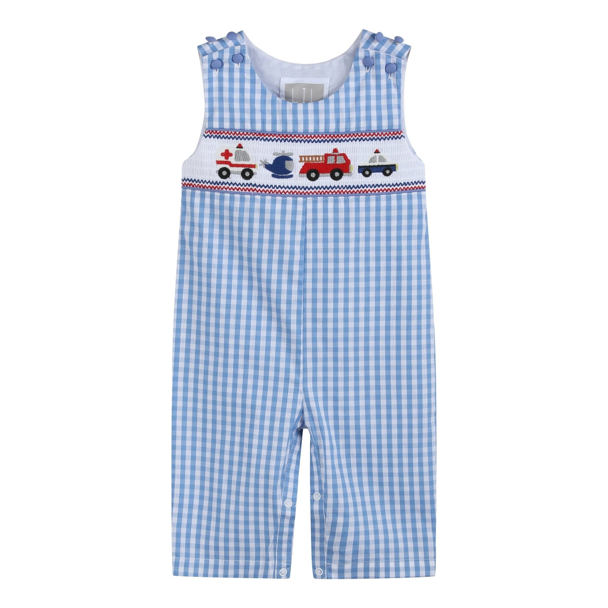 Blue Gingham Emergency Vehicles Smocked Overalls