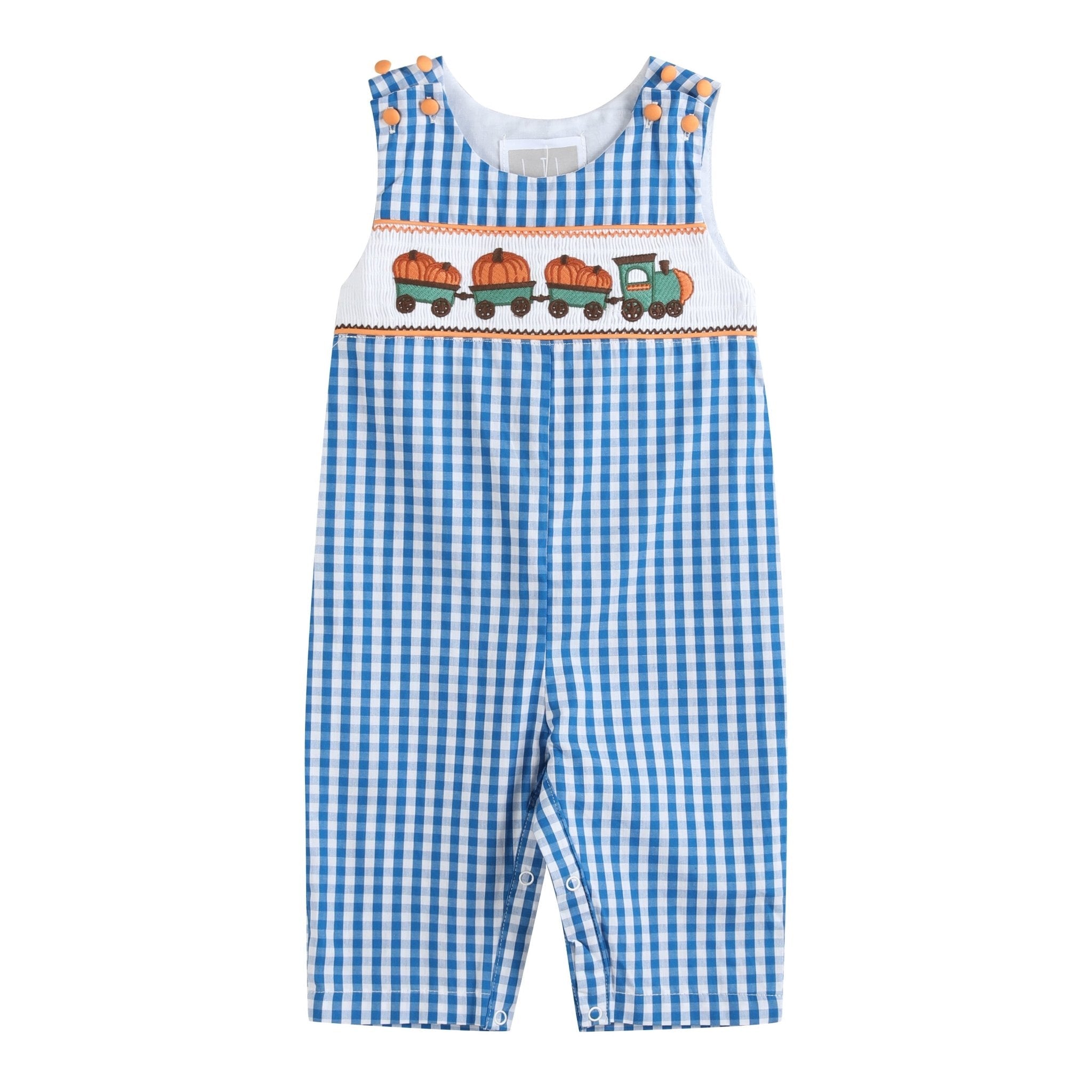 Blue Gingham Pumpkin Train Smocked Overalls